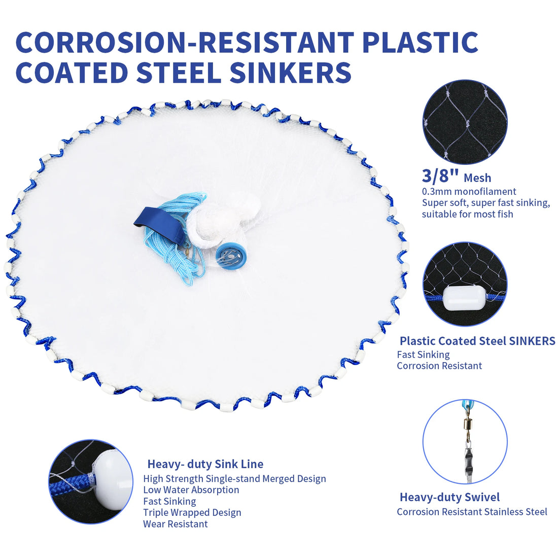 Cast Net 3/8" Mesh 3/4/5/6/8ft for USA Freshwater Saltwater Casting Nets with Weight Sinker & Bait Shrimp Trap Fish Accessories