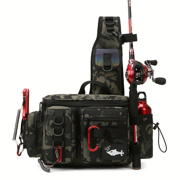 Fishing Backpack Tackle Sling Bag with Rod Holder, Durable Nylon